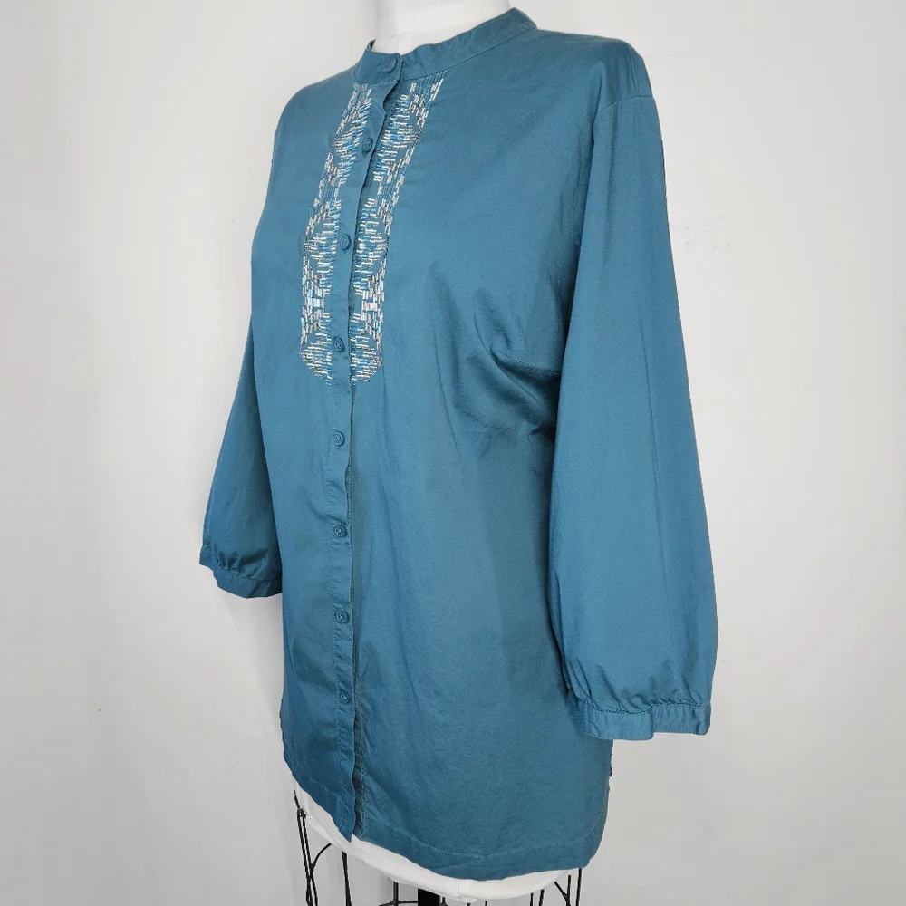 Dana Buchman Sze 2X Shirt Button Down 100% Cotton Beaded Mandarin Teal Turquoise
